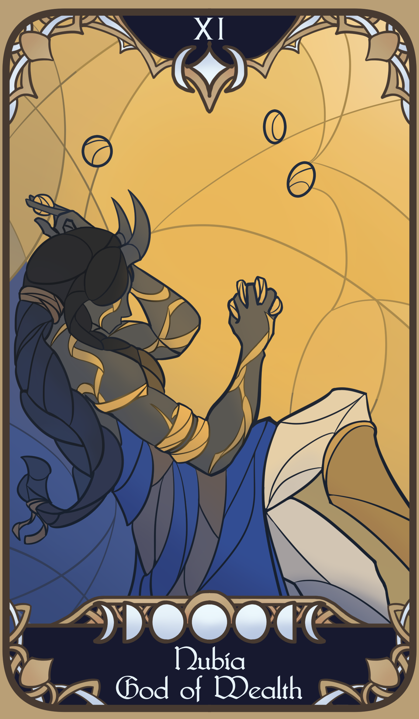A tarot-inspired card for my homebrew D&D campaign, representing the god 'Nubia' of wealth.
